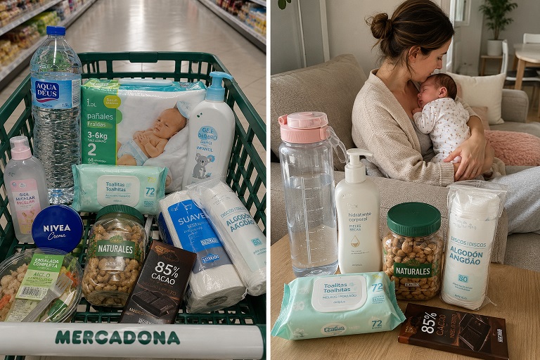 Madre descansando en el sofá con su bebé y productos básicos del posparto