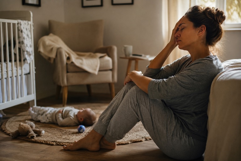 Madre agotada emocionalmente durante una noche de postparto mientras su bebé duerme cerca