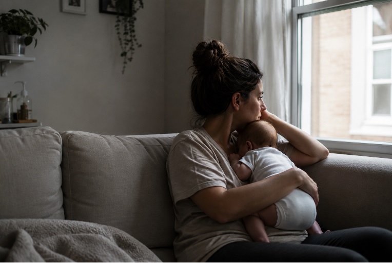 Madre abrazando a su bebé mientras reflexiona durante el postparto