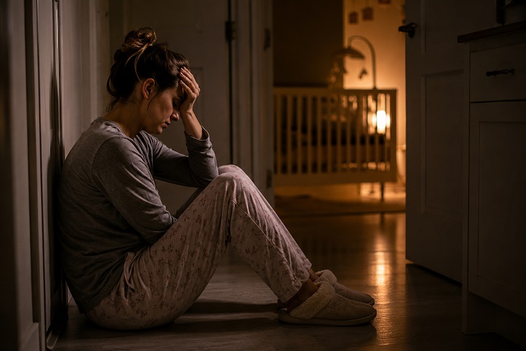 Madre agotada durante el postparto sintiéndose desbordada por la maternidad