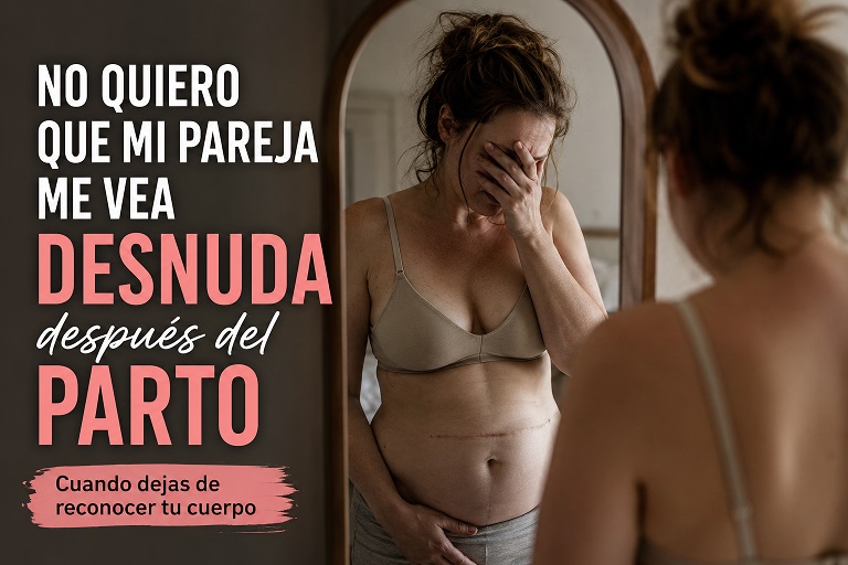 mujer en el espejo que no quiere que su marido la vea desnuda después del parto