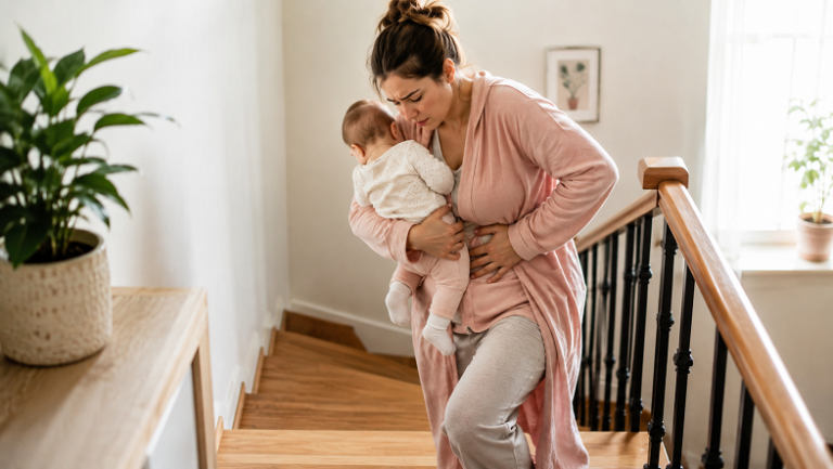 Madre reciente subiendo escaleras con su bebé durante la recuperación después del parto.