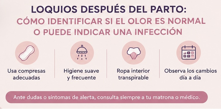Madre preocupada por el olor fuerte de los loquios después del parto durante el puerperio.