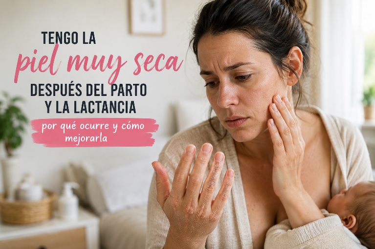 Madre reciente con la piel muy seca en las manos y el rostro mientras da el pecho a su bebé durante el postparto.