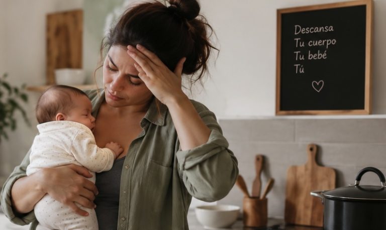 Madre reciente sosteniendo a su bebé en la cocina durante la cuarentena postparto.