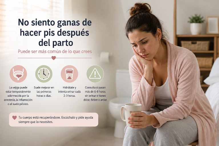 Madre reciente preocupada por la retención urinaria postparto y la dificultad para sentir ganas de hacer pis después del parto.