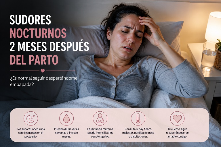 Madre reciente despertándose empapada de sudor dos meses después del parto. Título: Sudores nocturnos 2 meses después del parto.